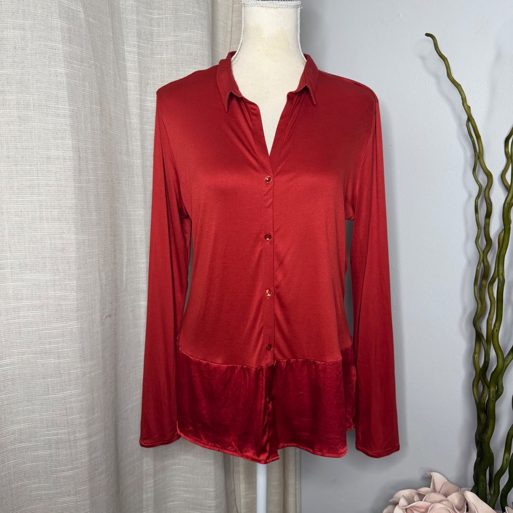 Hanro Grand Central Button Front Shirt Silk Modal Blood Orange Women's Small
